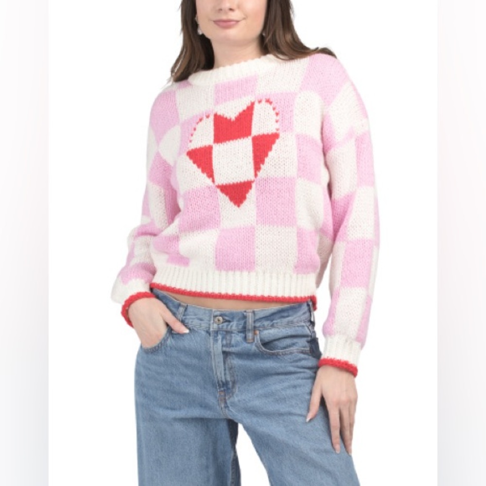 LUNA IVY Pink and White Heart Cable Knit Sweater 🔥